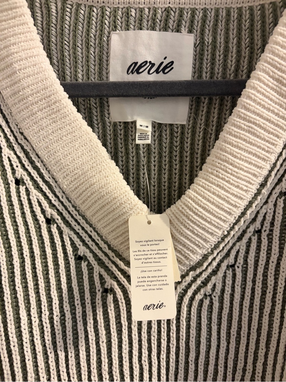 aerie Olive Green and Cream Striped V-Neck Sweater